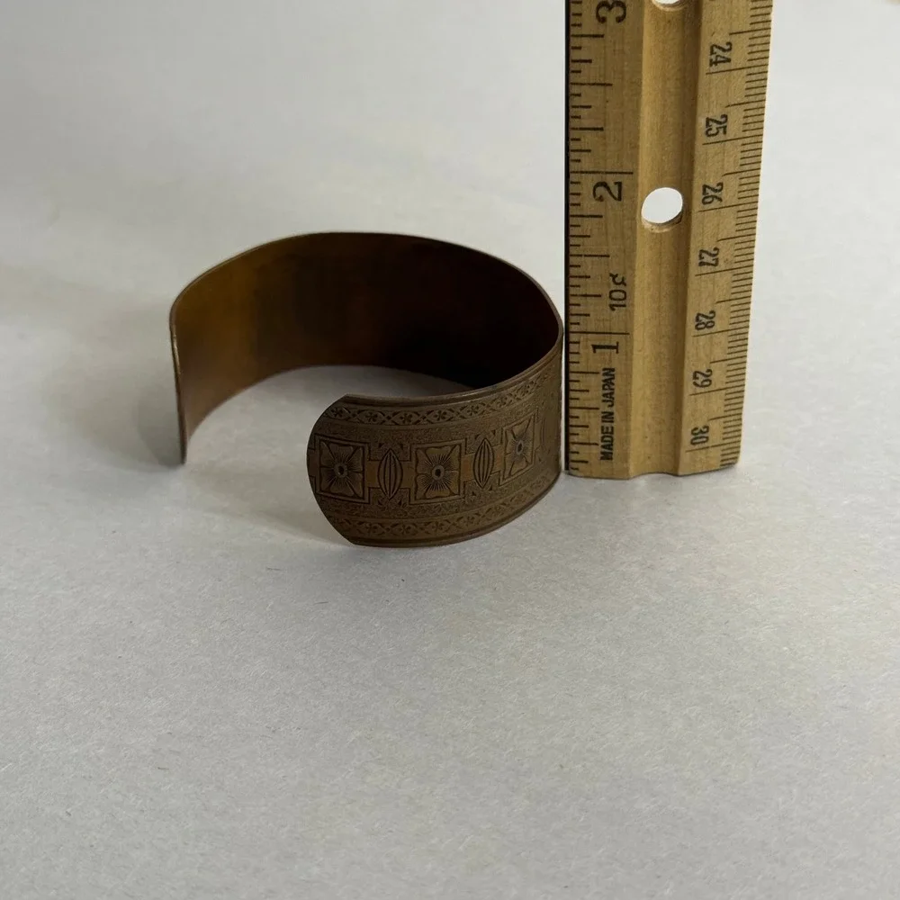 Vintage Copper Cuff Bracelet Etched Geometric Floral Boho Bangle